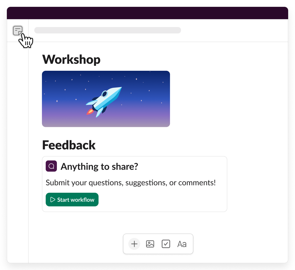 a canvas for a workshop that includes a workflow so coworkers can easily submit questions, suggestions, or comments
