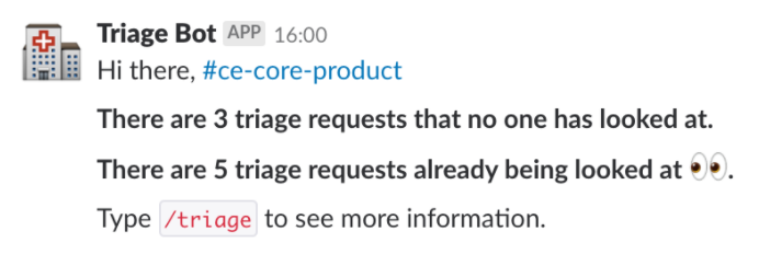 Message from Triage Bot with a roundup of requests and their statuses in a triage channel