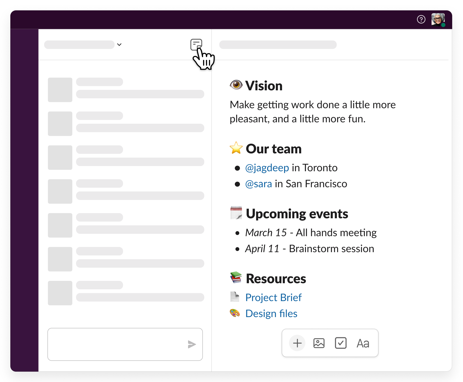 open canvas in a team channel containing key information including vision, list of teammates, upcoming schedule, and important resources