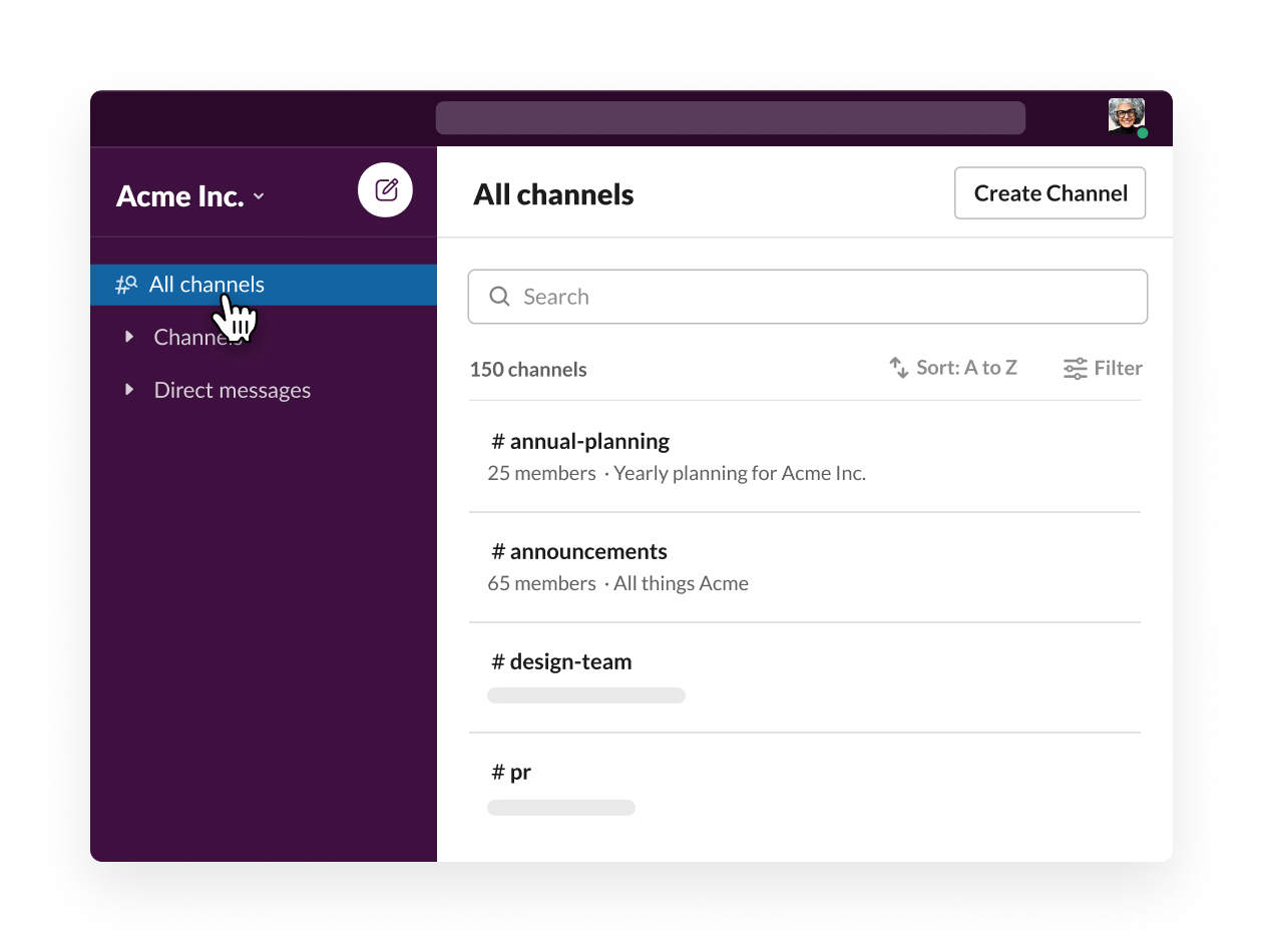opening the channel browser in Slack