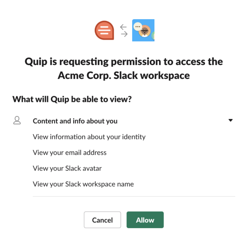 Slack으로 로그인하도록 Slack 프로필 정보 액세스 권한을 Quip에게 부여하라는 안내 메시지