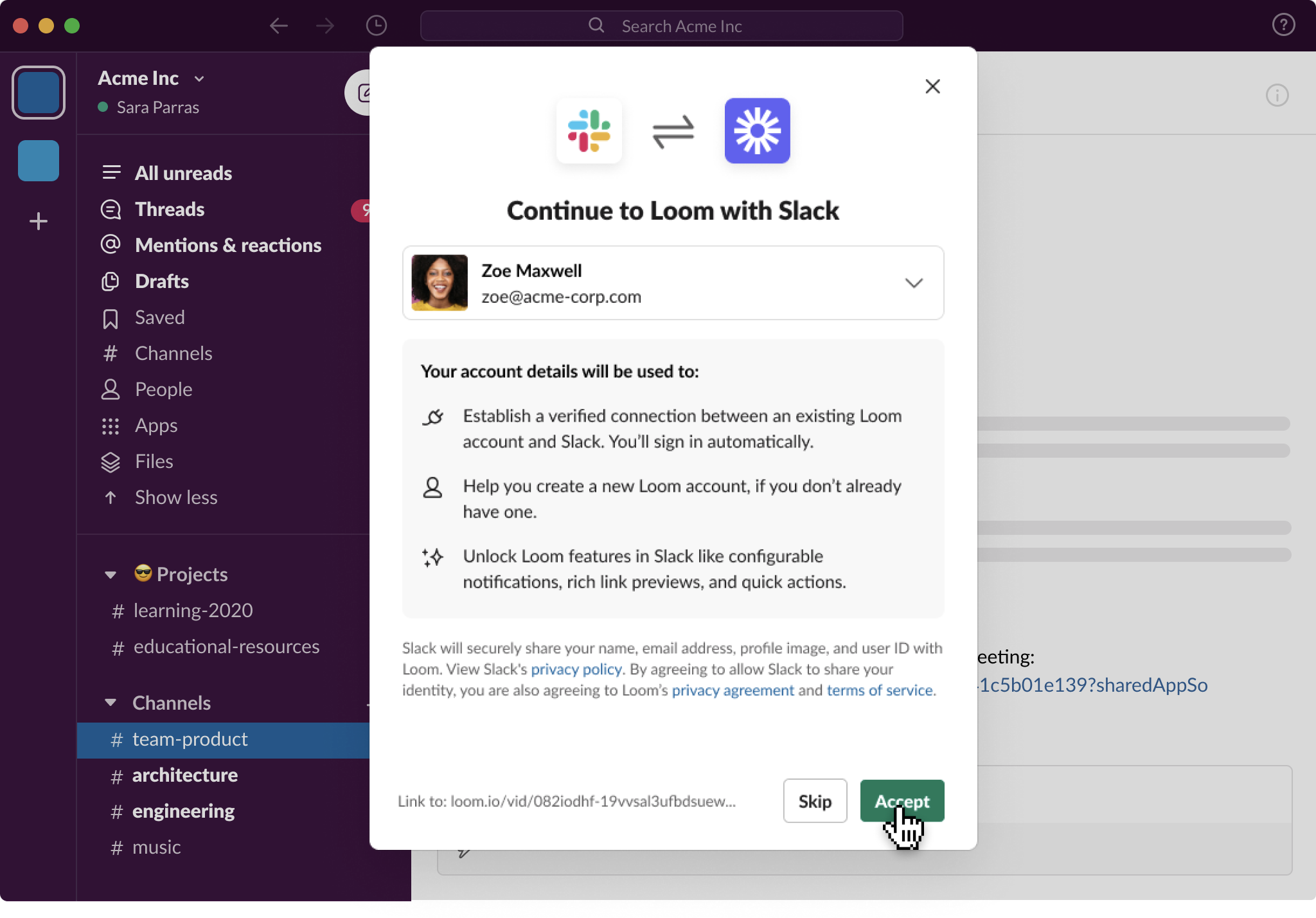 Prompt to grant Loom access to Slack profile information after clicking on a Loom link in Slack