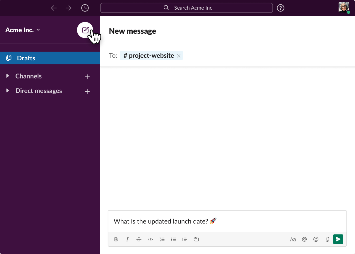 La pantalla de redactar donde puedes enviar un nuevo mensaje a un canal de Slack