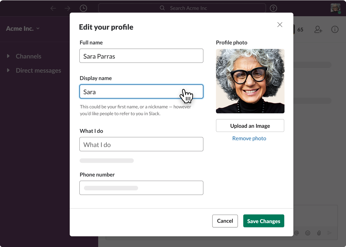 Profile in Slack with fields for full name, display name, and job description