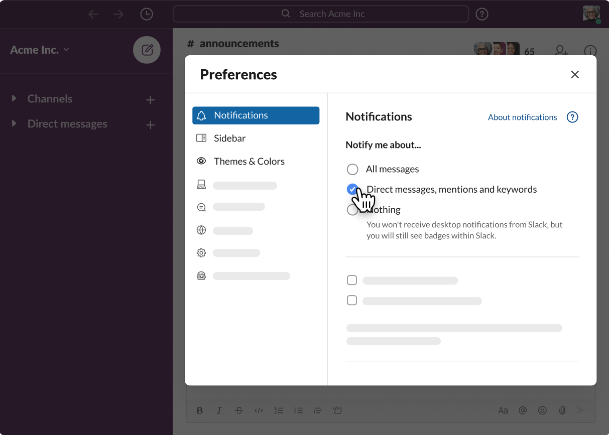 Notifications preference options for messages in Slack