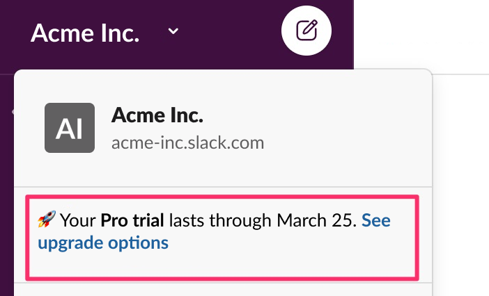 Slack 主功能表顯示醒目標示的文字，提示「你的 Pro 試用持續到 3 月 25 日為止。請查看升級選項」