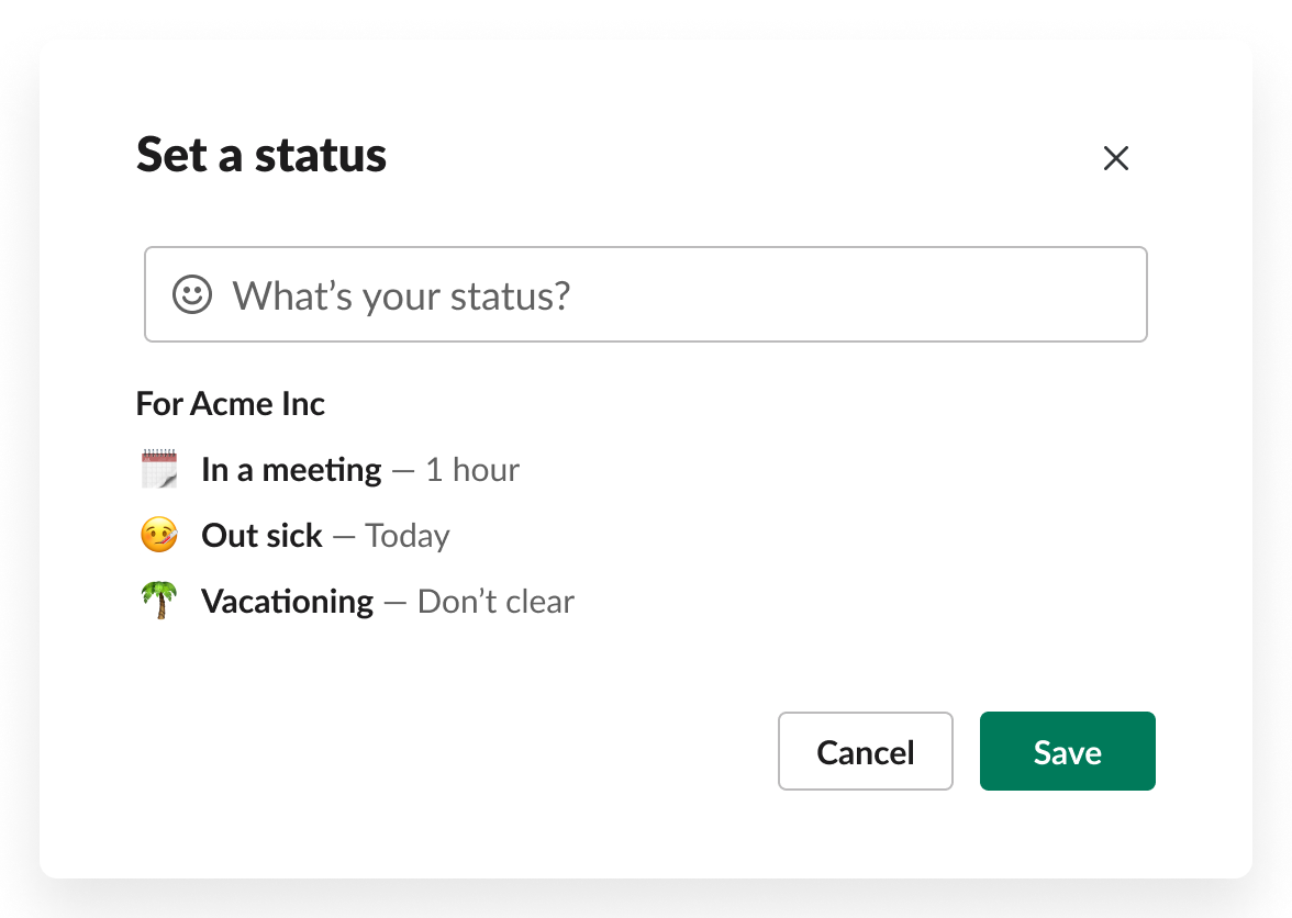 Selección de tres opciones para establecer el estado de Slack: en una reunión, de baja por enfermedad o de vacaciones
