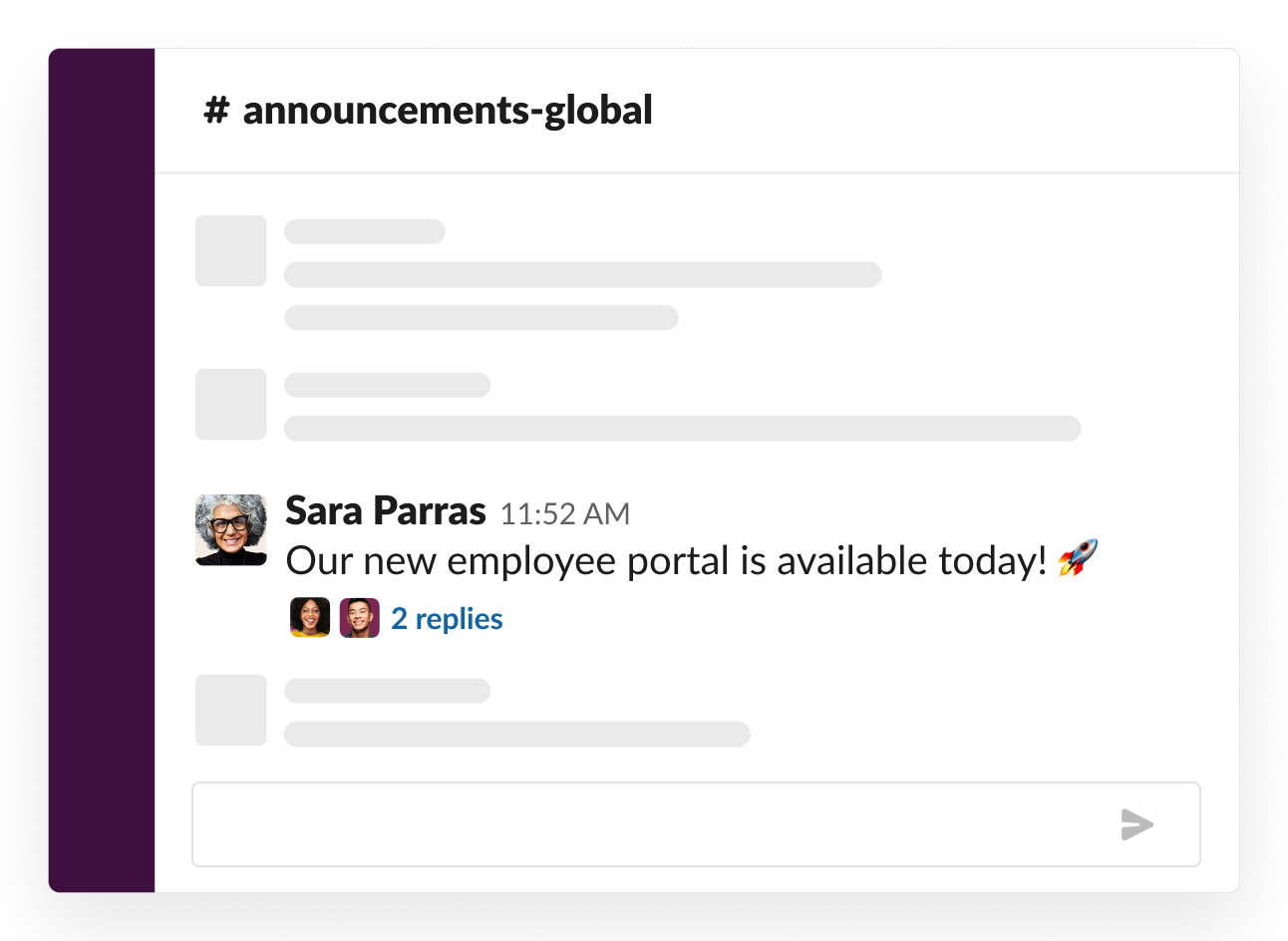 Example of an announcements channel with a message sharing information about the launch of an employee portal