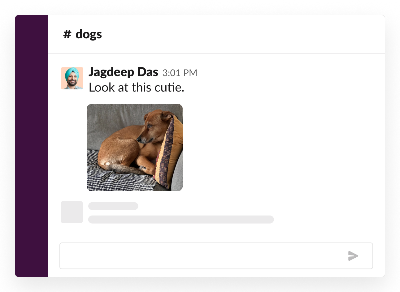 社交频道示例，在关于狗狗的话题下，有人分享了自己可爱小狗的照片