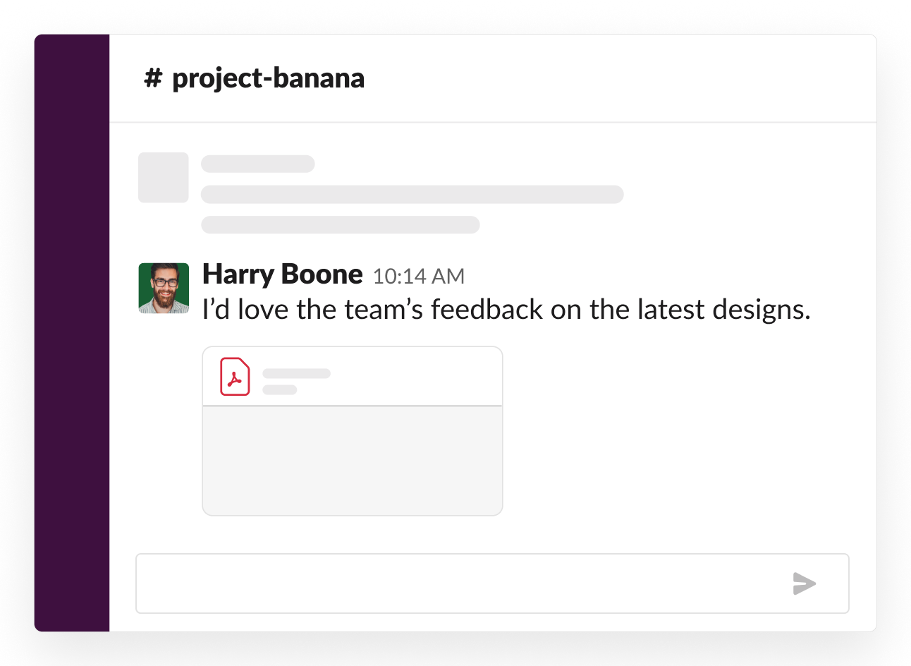 Exemplo de um canal de projetos com uma mensagem que pede feedback sobre um documento de design