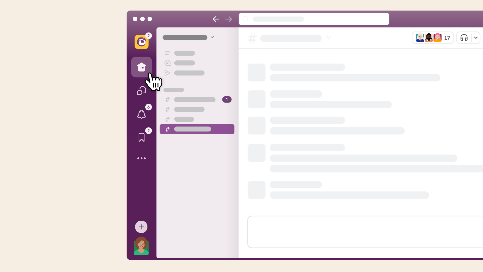Ansicht der Slack-Benutzeroberfläche, u. a. mit der Suchleiste, dem Plus-Button und dem Profilbild