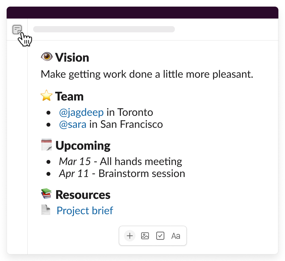 canvas aperto in un canale del team contenente informazioni chiave quali la visione, l’elenco dei membri del team, la prossima pianificazione e le risorse importanti