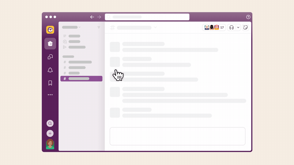 GIF que mostra um cursor clicando no menu da barra lateral e procurando um canal no Slack