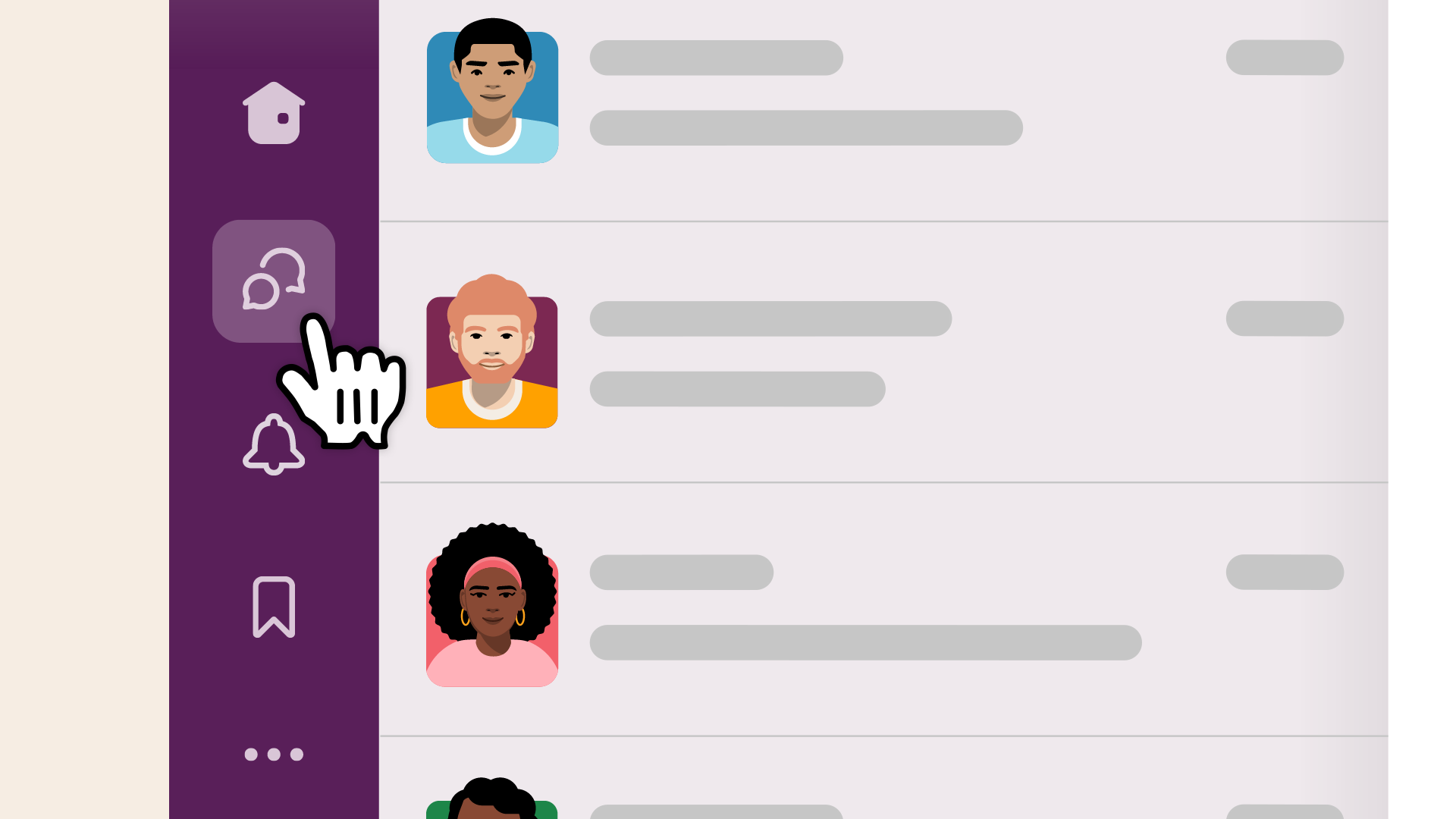 image of a cursor pointing to the DMs icon on the sidebar in the Slack desktop app