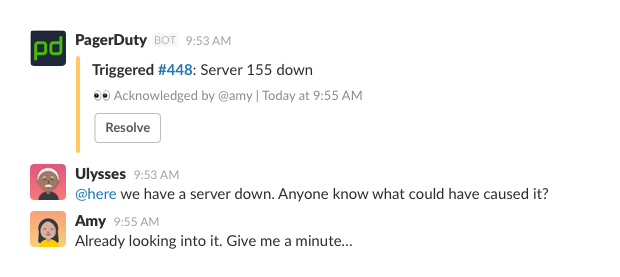PagerDuty triggering a message about a server that’s down, and members discussing the problem in-channel