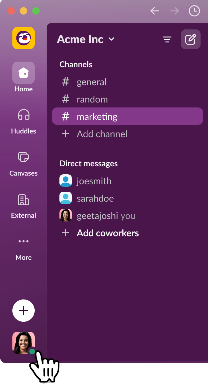 Slack을 사용자 지정할 수 있는 환경설정이 있는 사용자 메뉴 위에 마우스 커서가 놓인 Slack 앱의 제어 스트립 이미지.