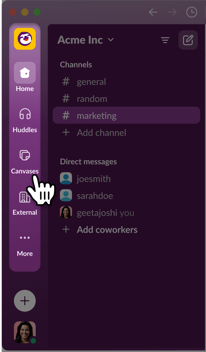 서면 협업을 위한 도구인 캔버스 아이콘 위에 마우스 커서가 놓인 Slack 앱의 탭 목록 이미지.