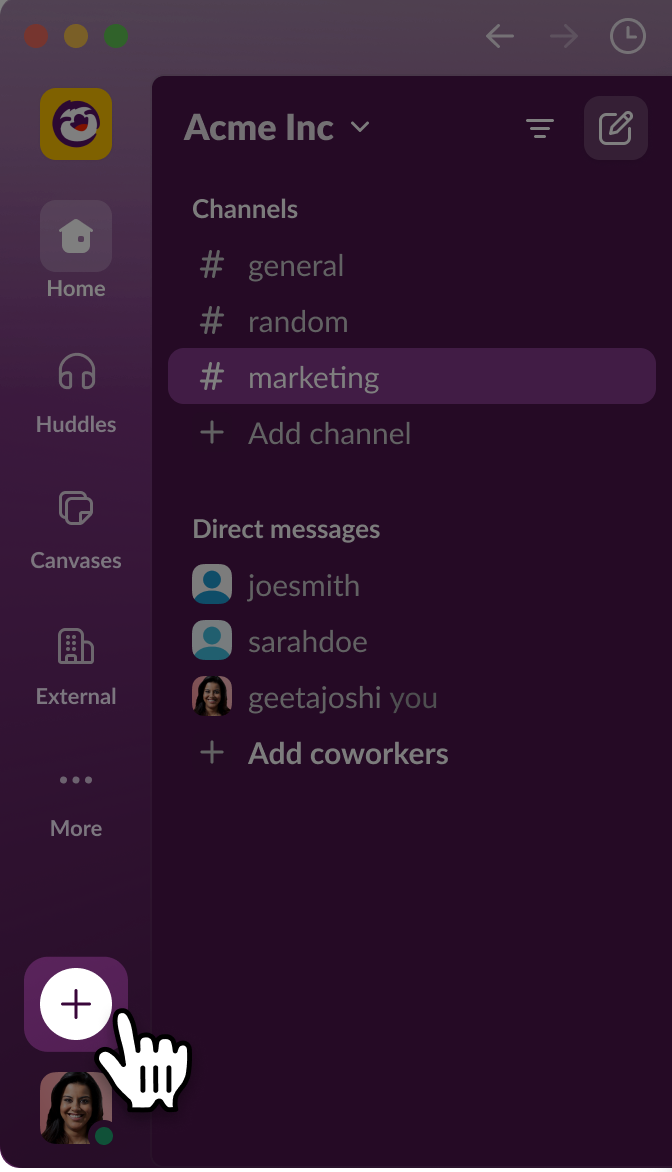 Slack アプリのサイドバーで、新しいチャンネル、canvas、メッセージなどを作成できる「新規作成」アイコンにカーソルを合わせている画像。