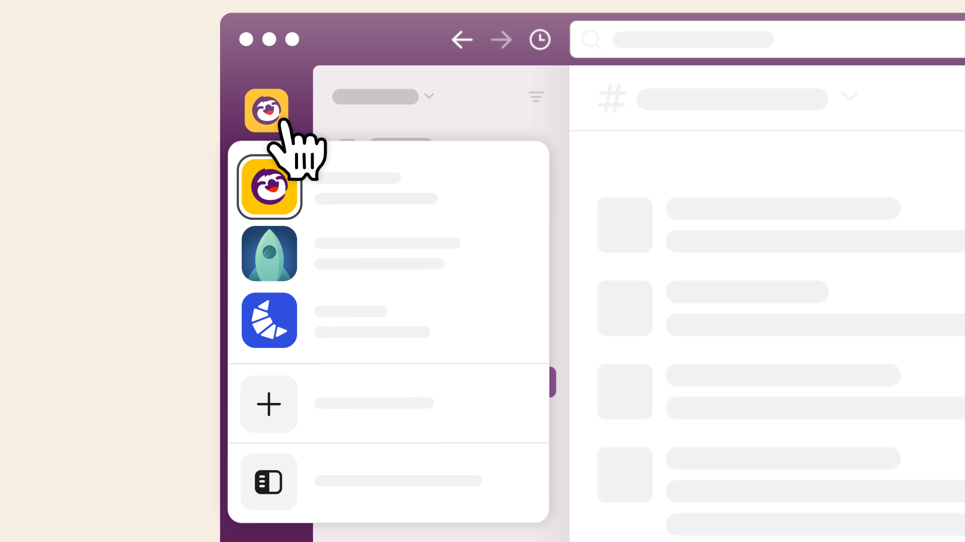 A static image of a cursor hovering over the workspace icon in the Slack desktop app