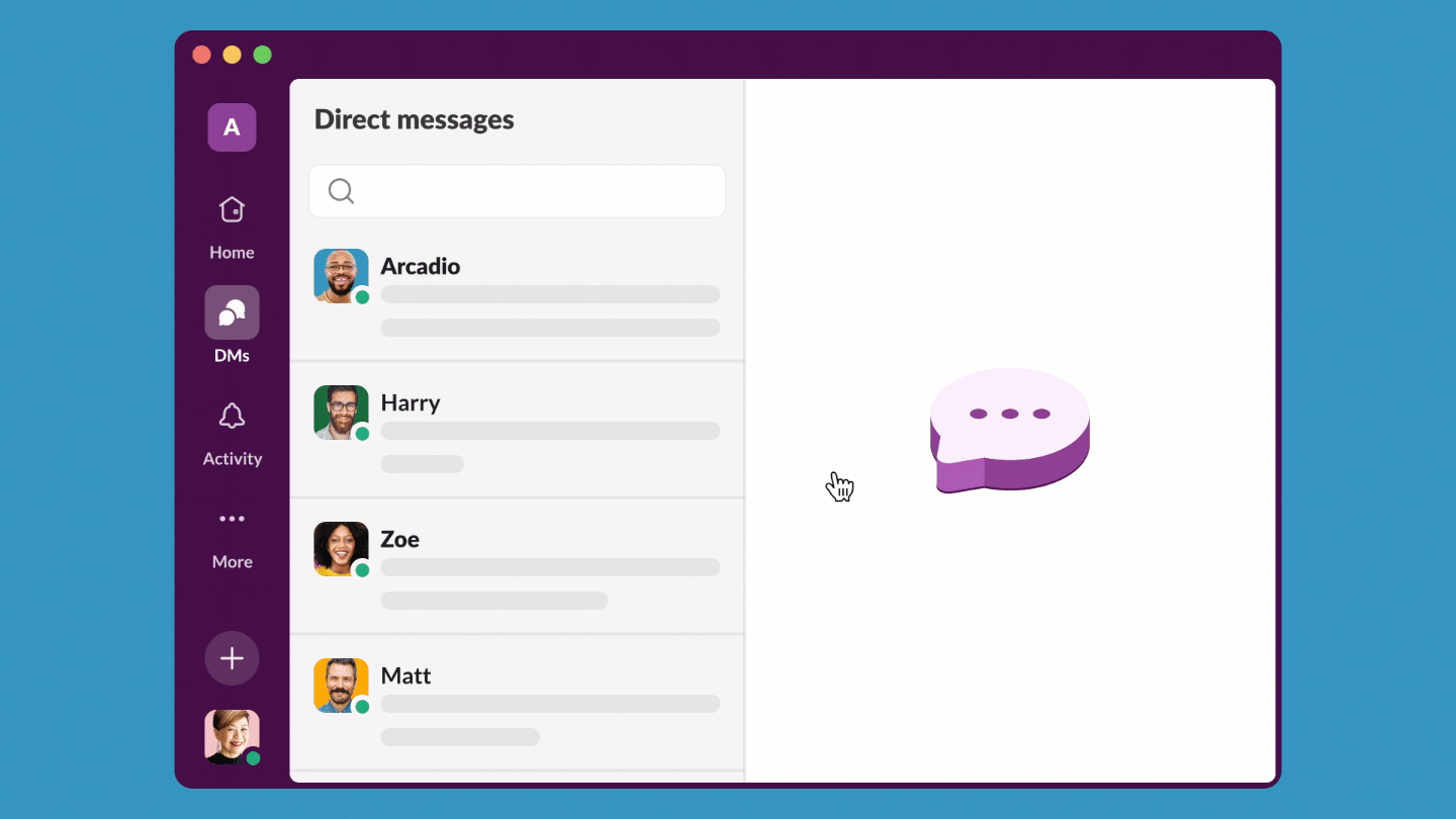Opening a direct message from the DMs tab in Slack