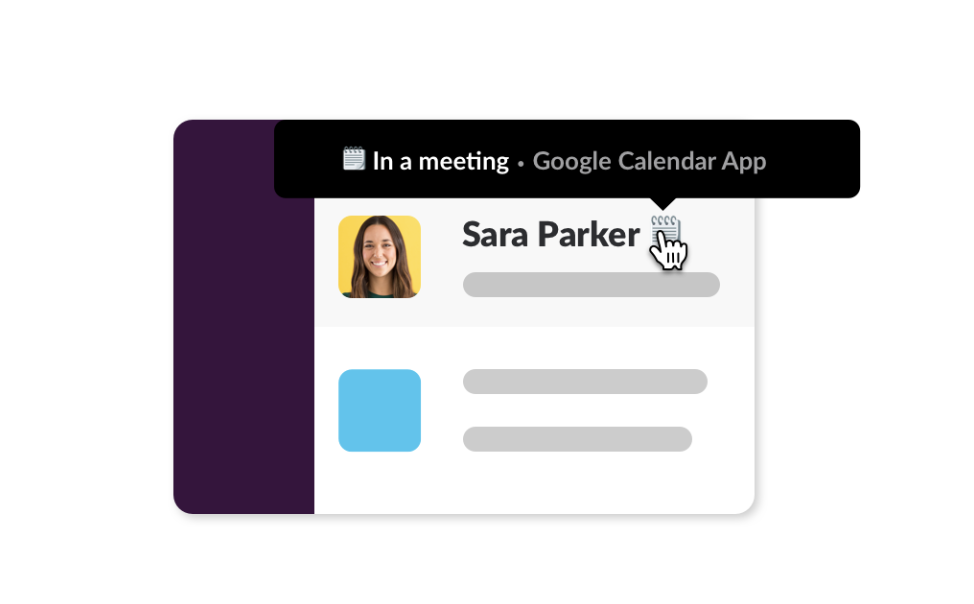 A Slack status that reads, In a meeting – Outlook Calendar app