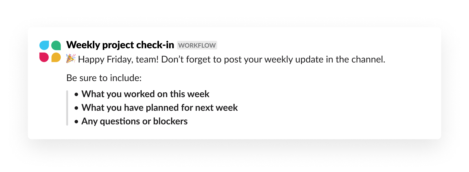 Slack チャンネルに投稿された週次自動リマインダーの例