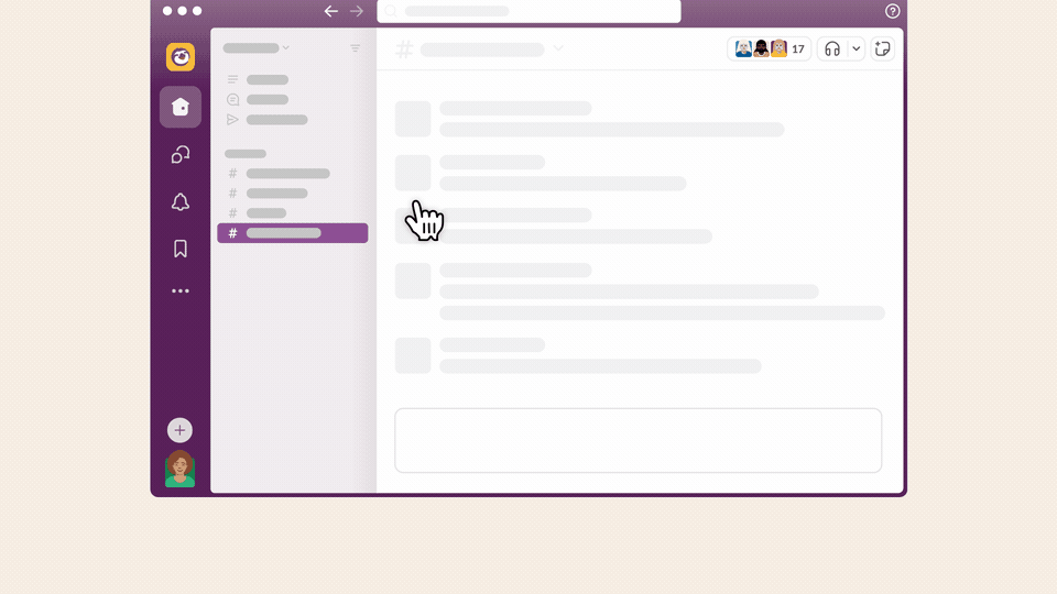 Clique com o cursor do mouse no ícone de mais para criar um novo canal no app Slack para computadores
