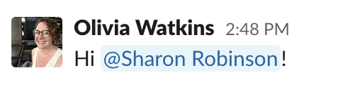 nombre completo de Sharon Robinson en una @mención en Slack