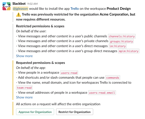 Una solicitud de revisión de una aplicación en un mensaje de Slackbot.