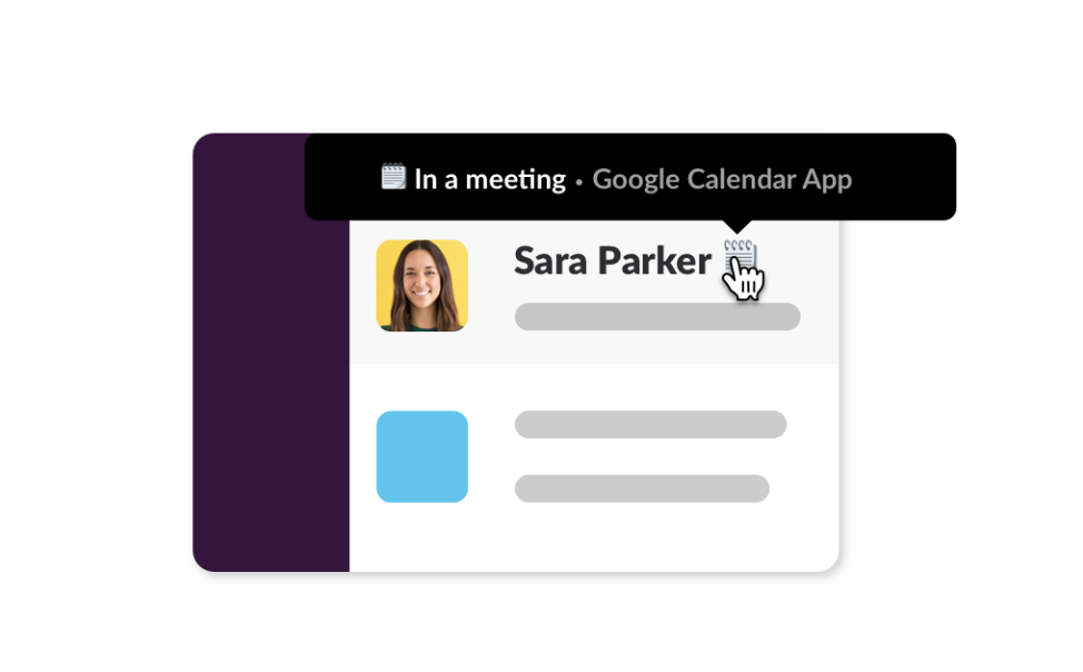 Um status do Slack indica o seguinte: “Em reunião - app Calendário do Outlook”