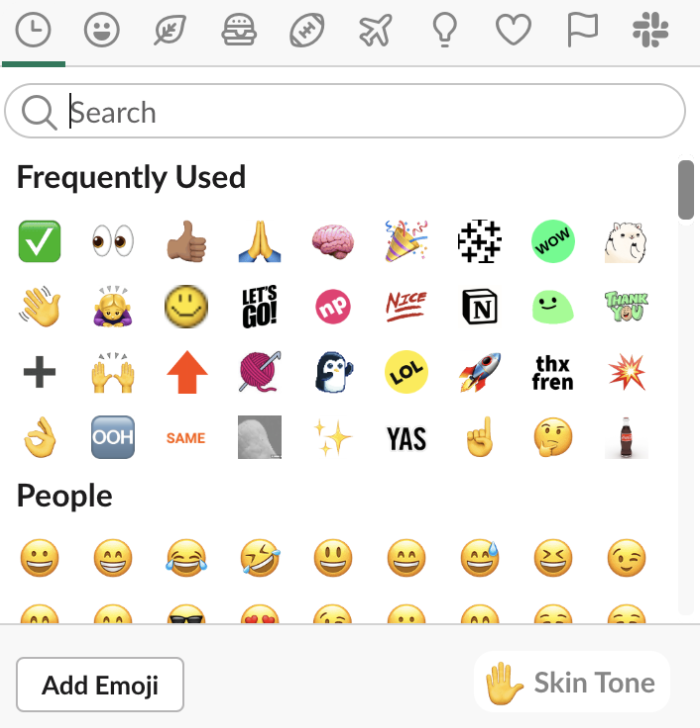 Menu emoji che mostra gli emoji usati di frequente e pulsante per aggiungerne di nuovi