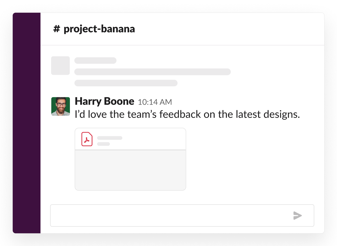 Example of a project channel with a message asking for feedback about a design document