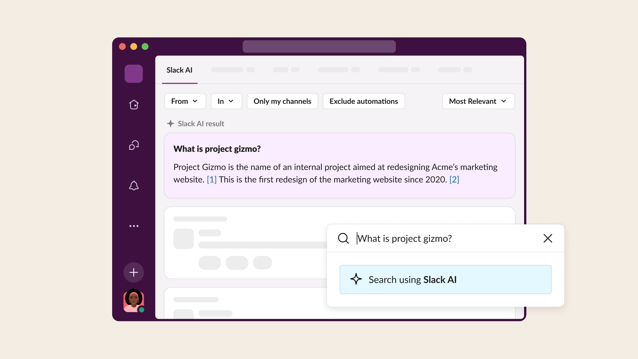 Imagen no precisa de la aplicación de computadora de Slack en la que se demuestra una búsqueda de IA de Slack