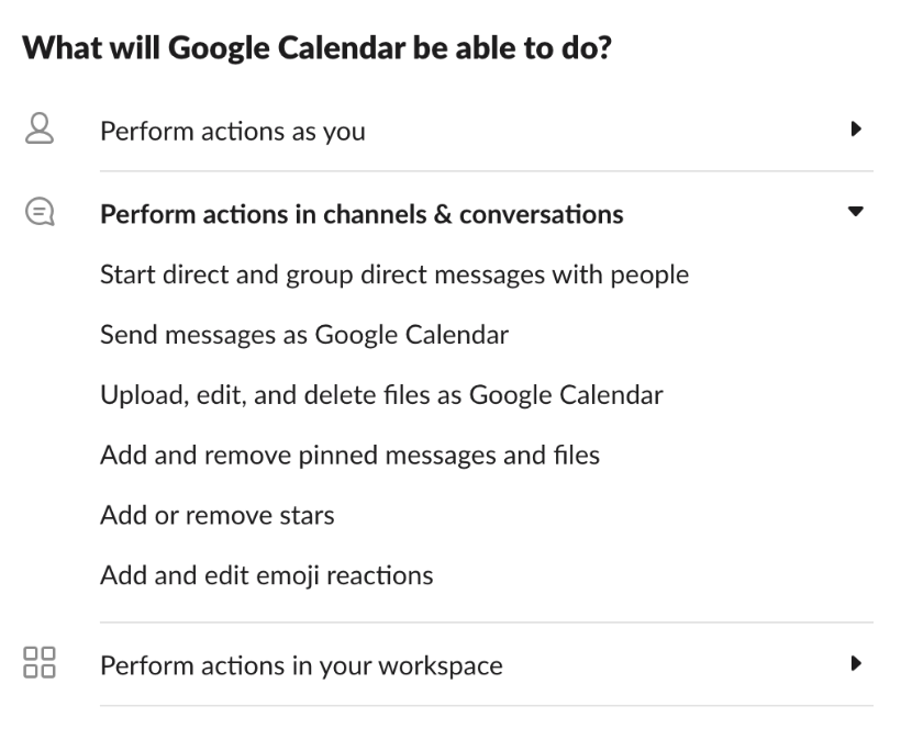 Permisos de aplicaciones de Google Calendar que muestran acciones que la aplicación puede realizar en Slack