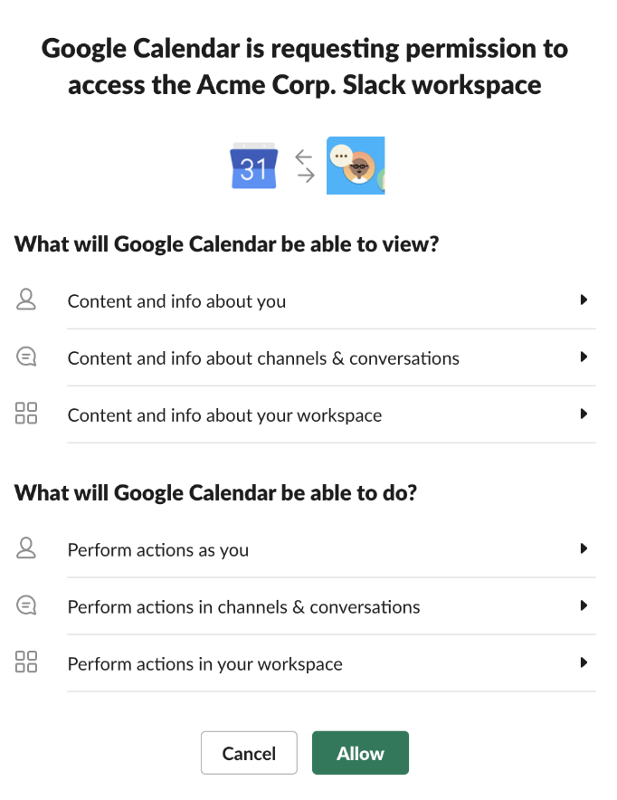 Los permisos de las aplicaciones de Google Calendar muestran que los datos de la aplicación pueden acceder a Slack