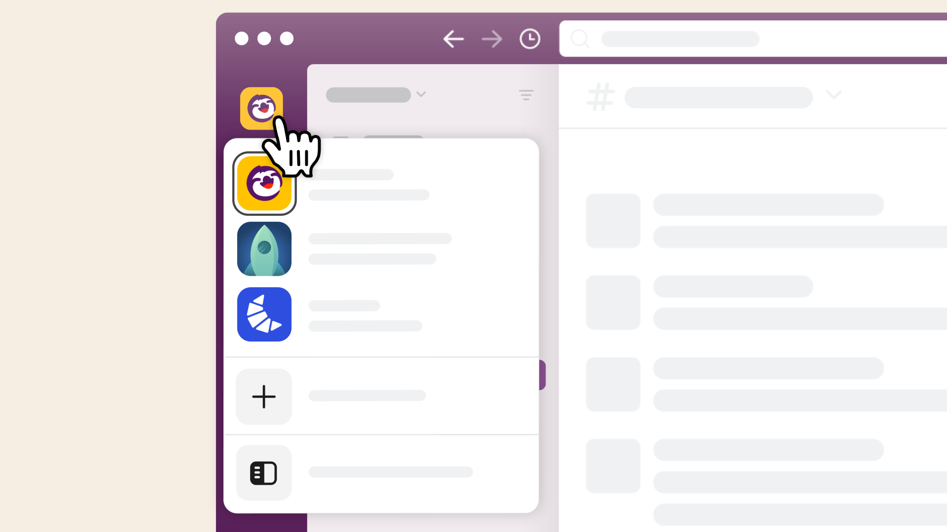 Un’immagine statica di un cursore che passa sull’icona dell’area di lavoro nell’app per desktop di Slack