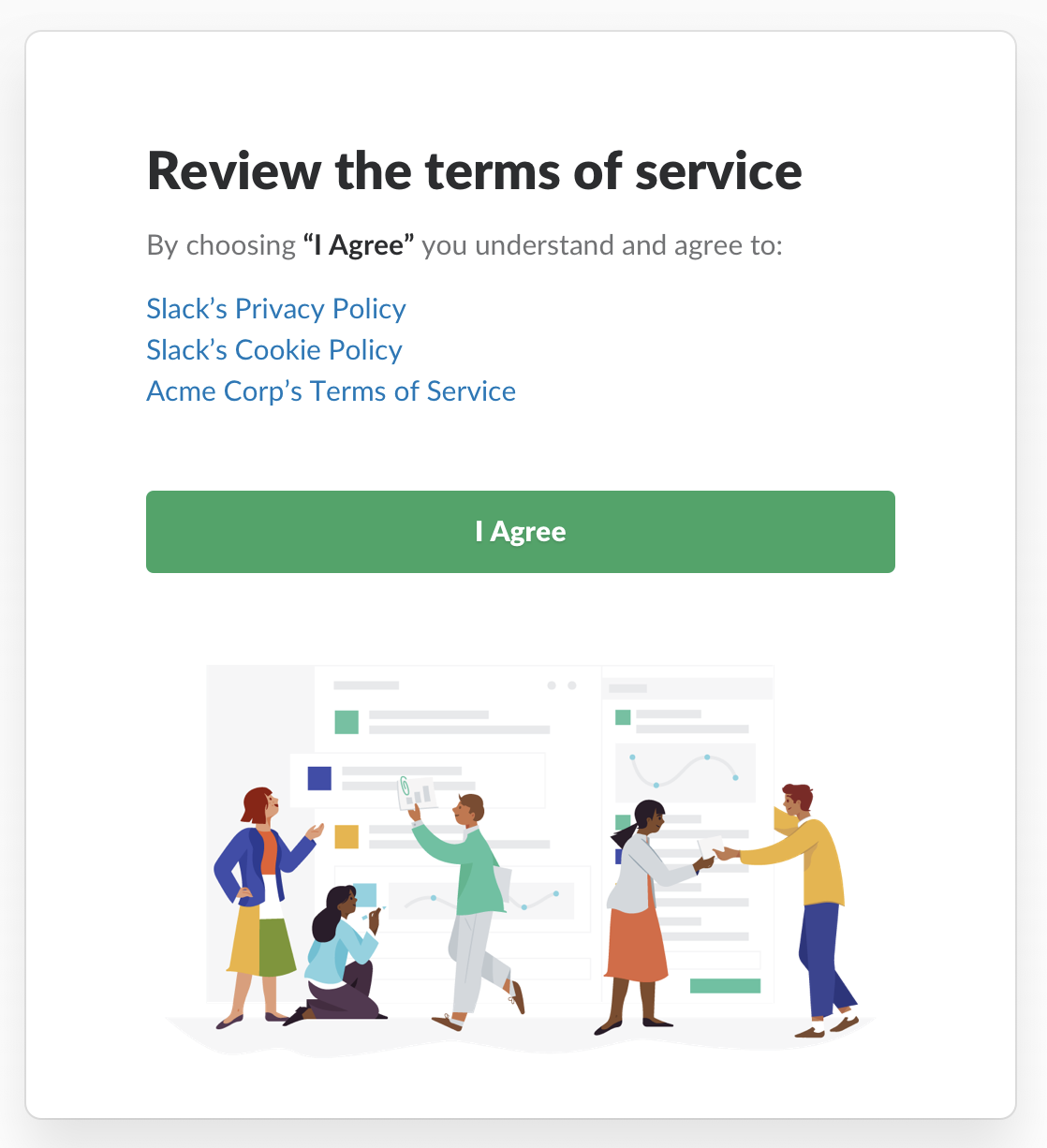 Slack と Enterprise Grid オーガナイゼーションのサービス利用規約の確認を促すメッセージ