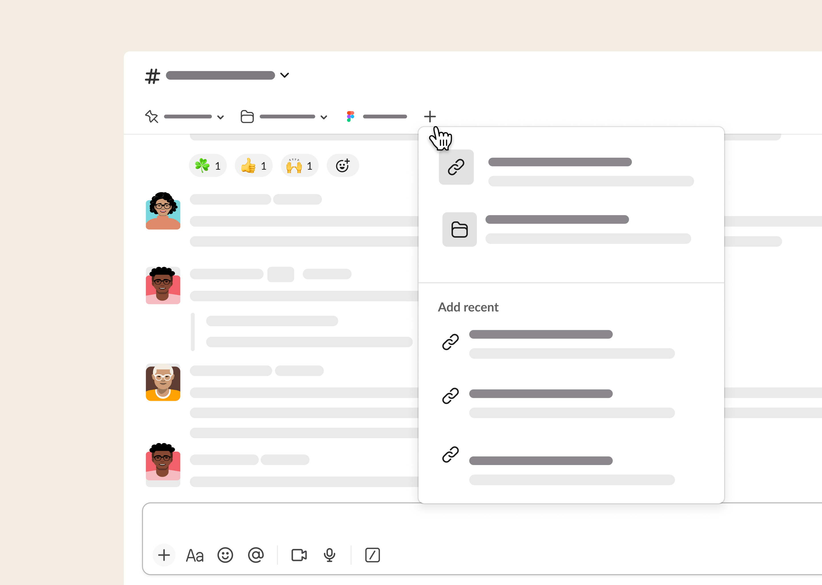 Immagine astratta di un canale di Slack con il menu dei segnalibri aperto