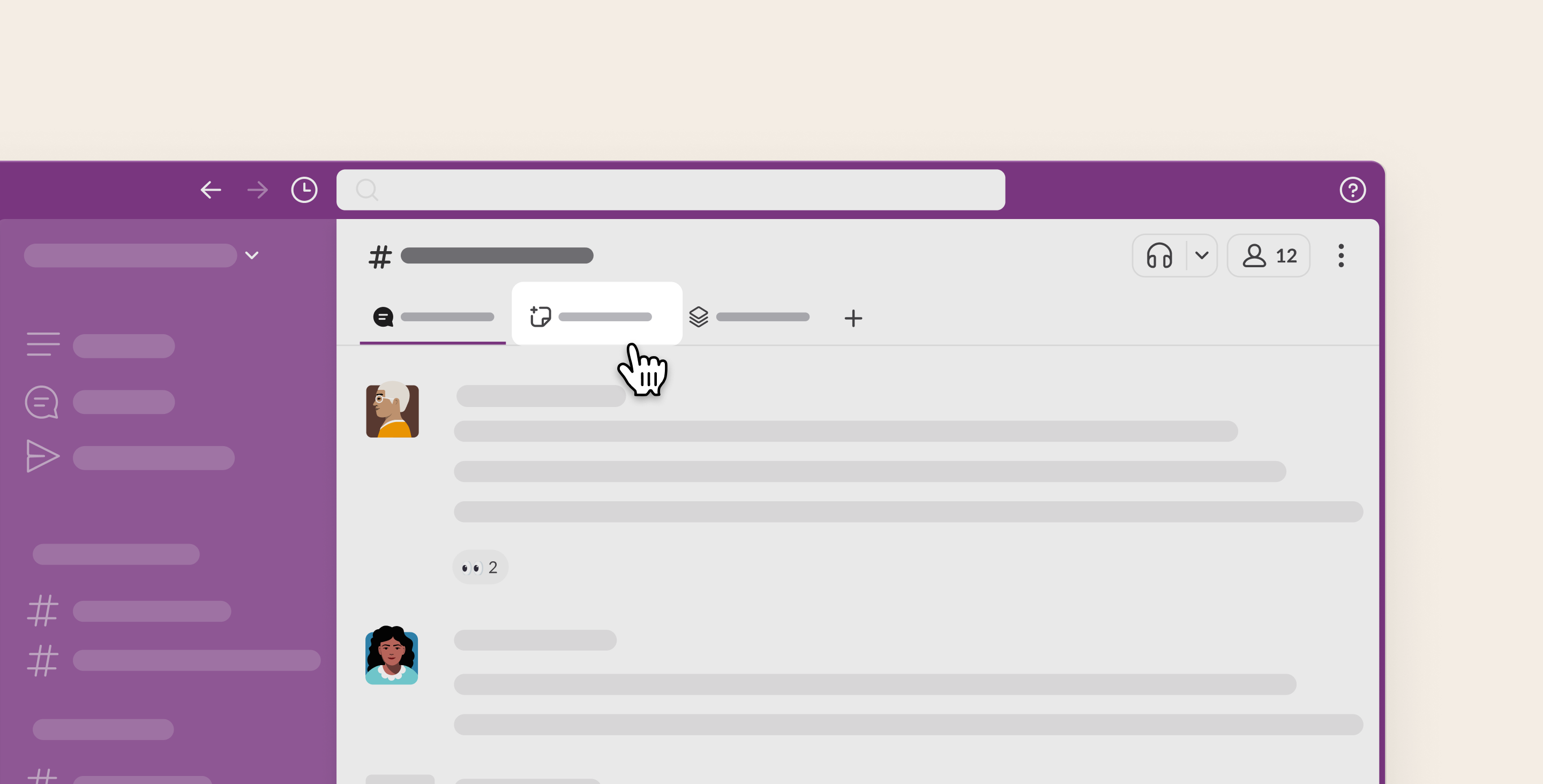 Una imagen de un cursor señalando hacia el icono de canvas del canal en la aplicación Slack para ordenador