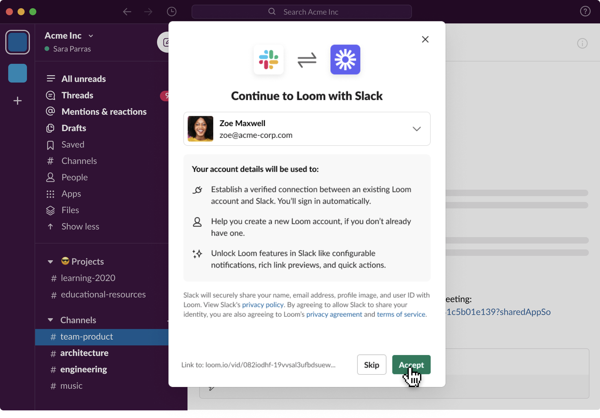 Mensaje para darle a Loom permiso de acceso a la información de perfil de Slack tras hacer clic en un enlace de Loom en Slack