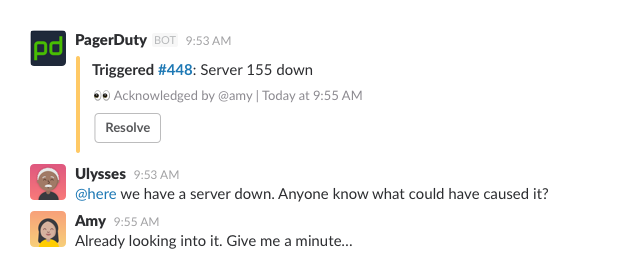 PagerDuty triggering a message about server down, and members discussing the problem in channel