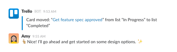 Trello showing an update about card moved from in progress to completed, with a member's response in channel