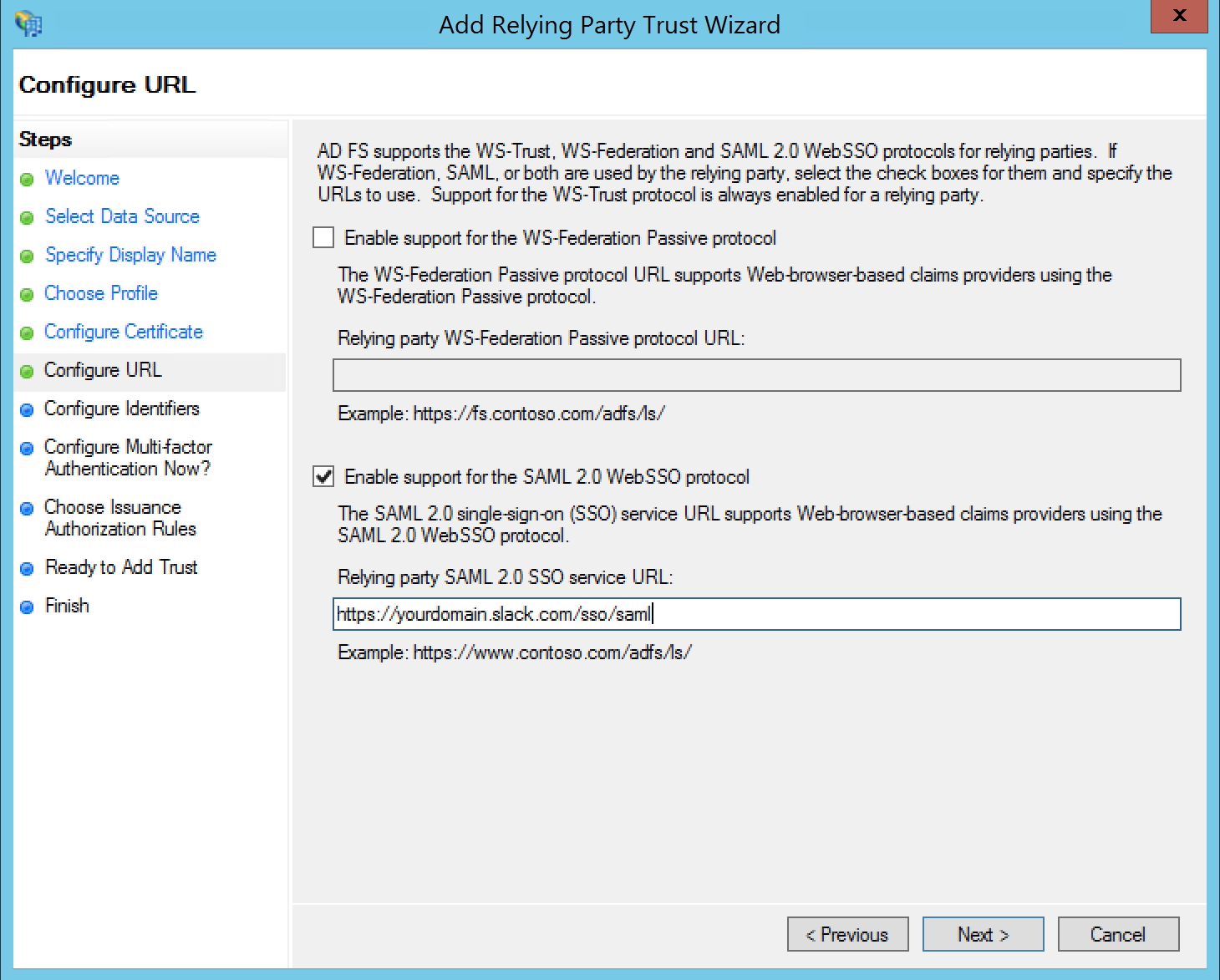 ‘Configure URL’ step, with the option to enable support for the SAML 2.0 WebSSO protocol selected