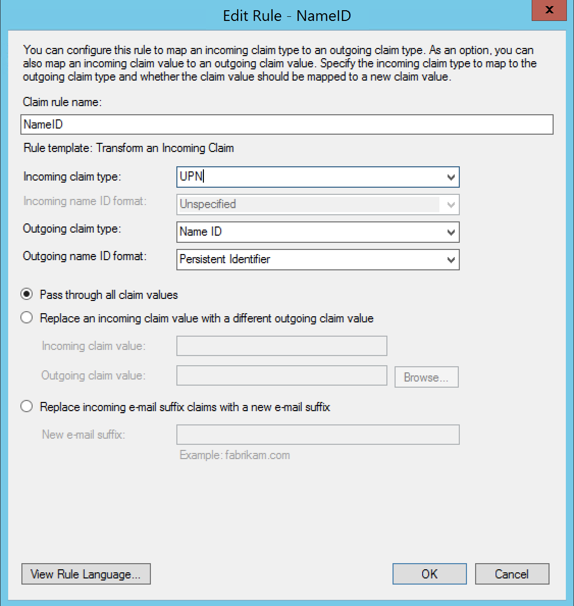 NameID claim rule, showing drop-down menus for incoming claim type and outgoing claim type