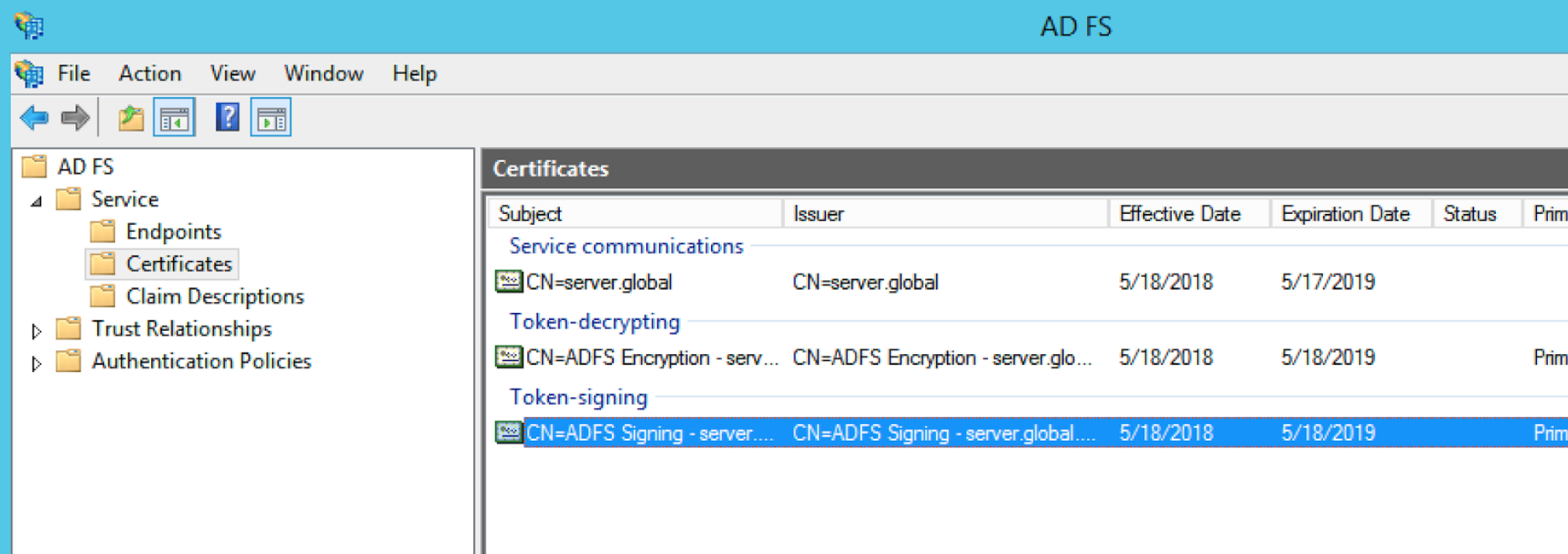 ADFS's Encryption tab with token-signing field selected