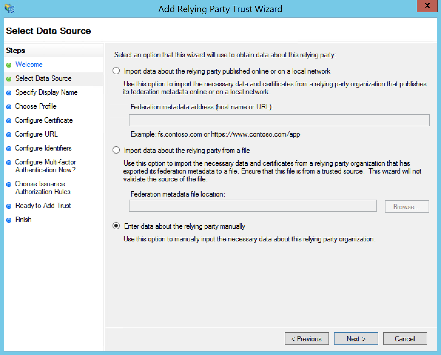 신뢰 당사자에 대한 데이터를 수동으로 입력하는 옵션을 선택한 상태에서 데이터 소스 선택 단계를 선택합니다.