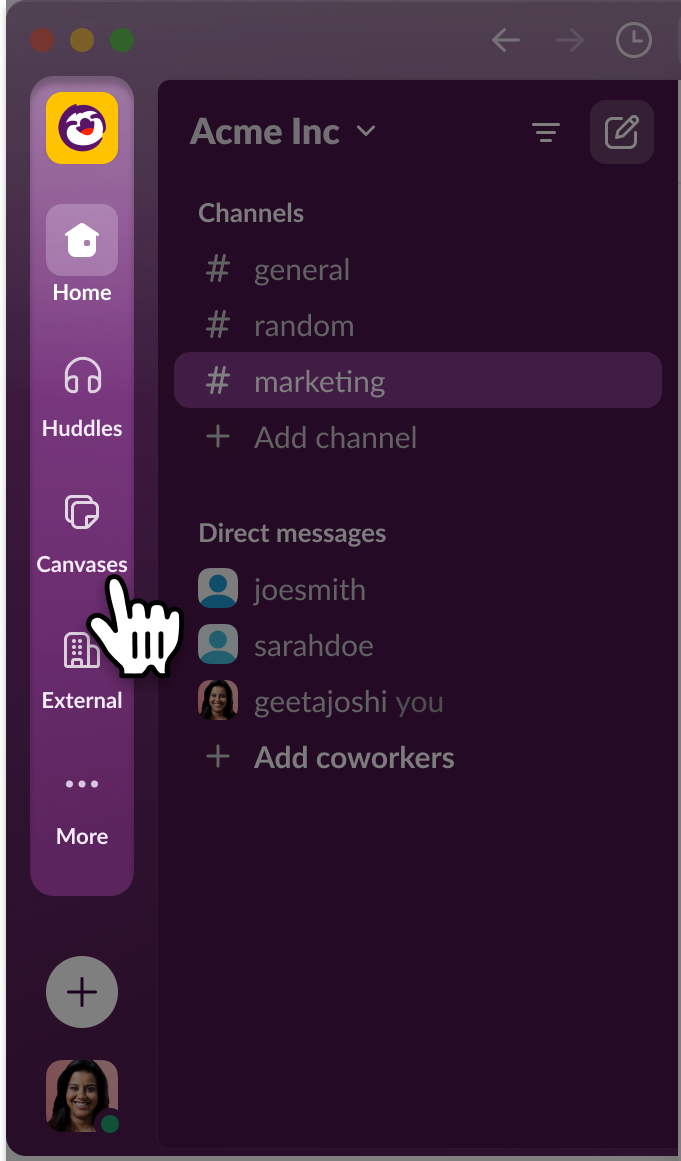 Image d’une liste d’onglets dans l’appli Slack, avec le curseur pointant sur l’icône Canevas, un outil pour collaborer par écrit.