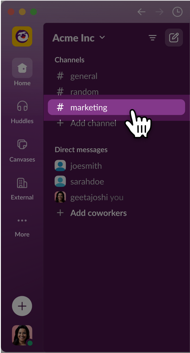 Une image de la barre latérale dans l’application Slack, avec un curseur survolant un nom de canal dans l’arborescence des canaux et des messages directs.