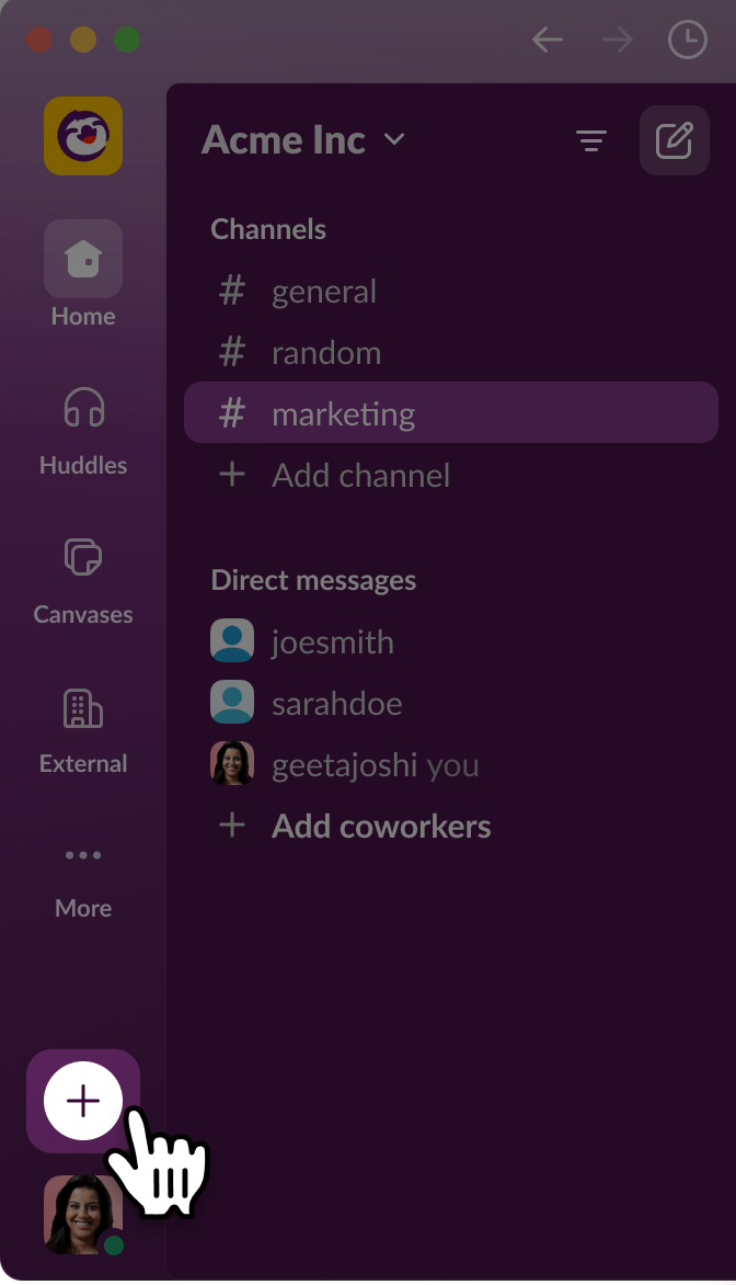 Slack 應用程式中側欄的影像，游標懸停於「新建」圖示上，你可以在此建立新頻道、畫板、訊息等內容。