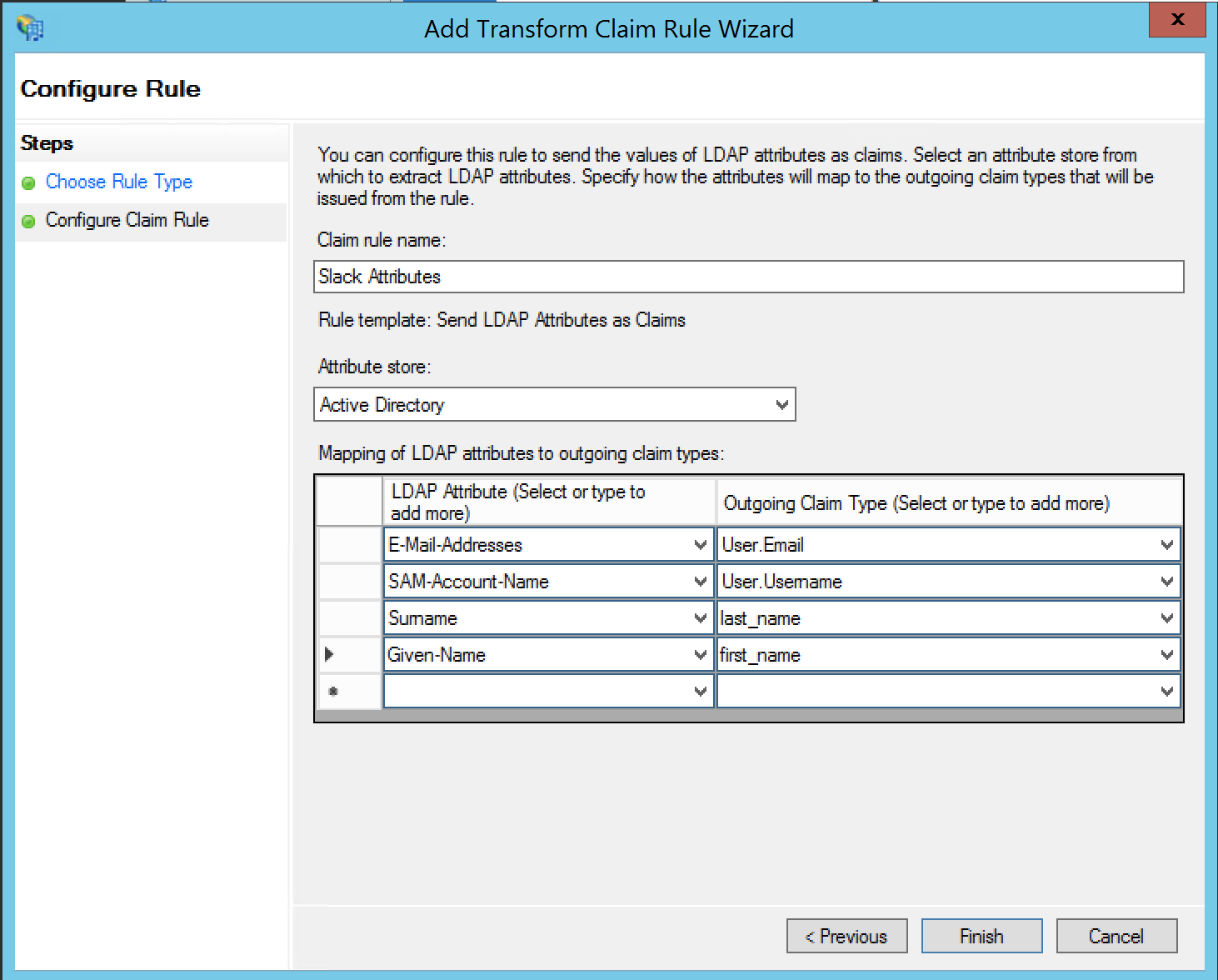 ‘Configure claim rule’ step, showing a list of LDAP attributes and outgoing claim types